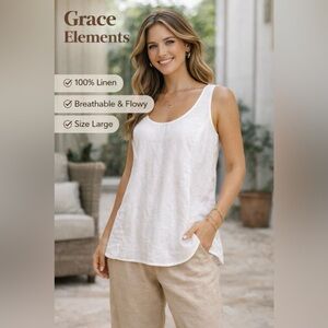 Grace Elements White Linen Sleeveless Top Large Flowy Casual Blouse